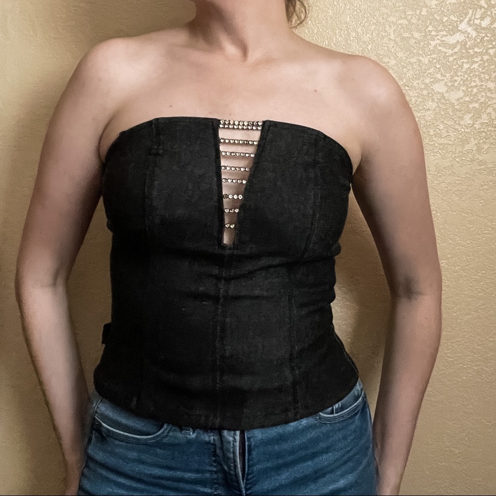 Vintage | XOXO Jeans | Rhinestone V Plunge Denim Strapless Top